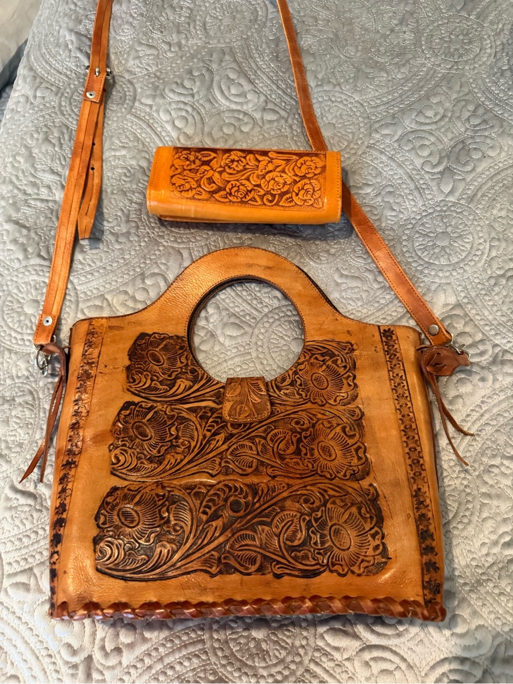 Hand-Tooled Floral Leather Satchel in Tan with Matching Wallet